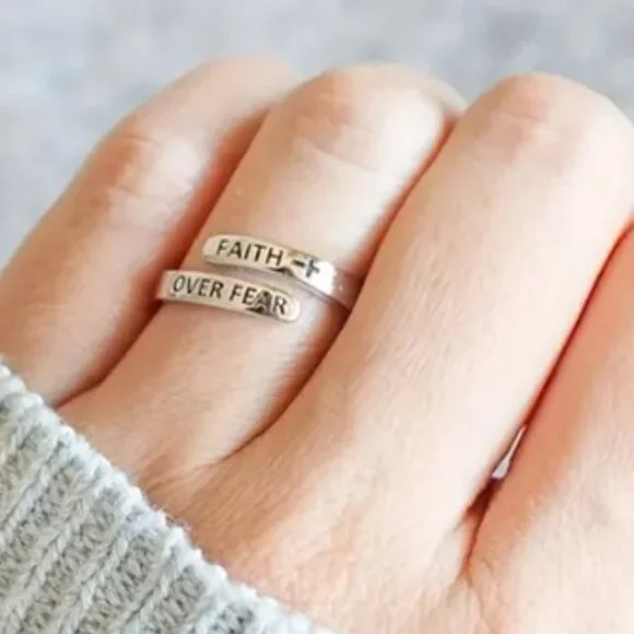 "FAITH OVER FEAR" Sterling Silver Cross Adjustable Ring - Picture 2 of 3